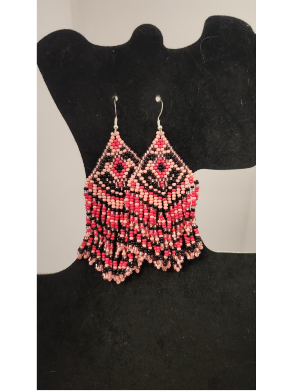 Handmade seed beeded Fringe Earrings One Size Red and Black with 925s hooks